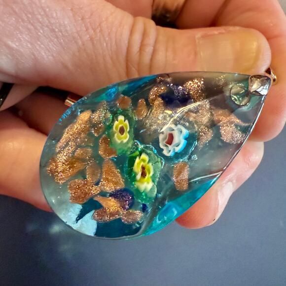 Light Blue Sparkly Artisan Millefiori Faceted Glass Pendant - Picture 7 of 9